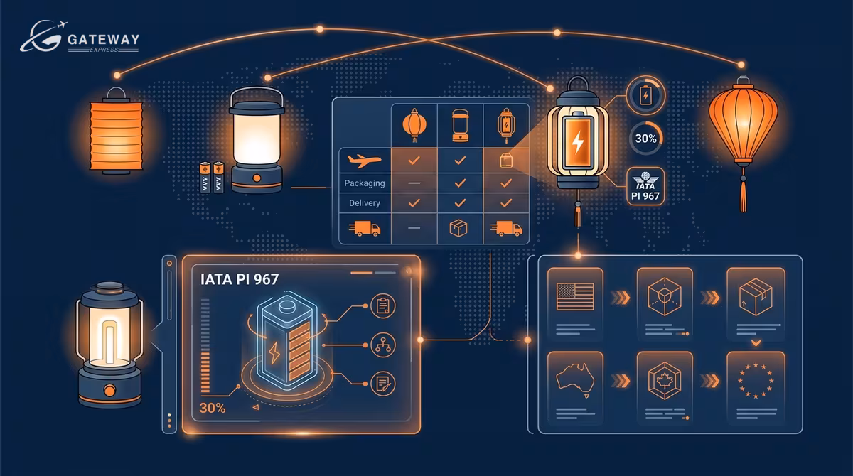 Gửi lồng đèn trung thu quốc tế 2026: IATA PI 967, pin lithium 30% SoC & lồng đèn lụa Hội An